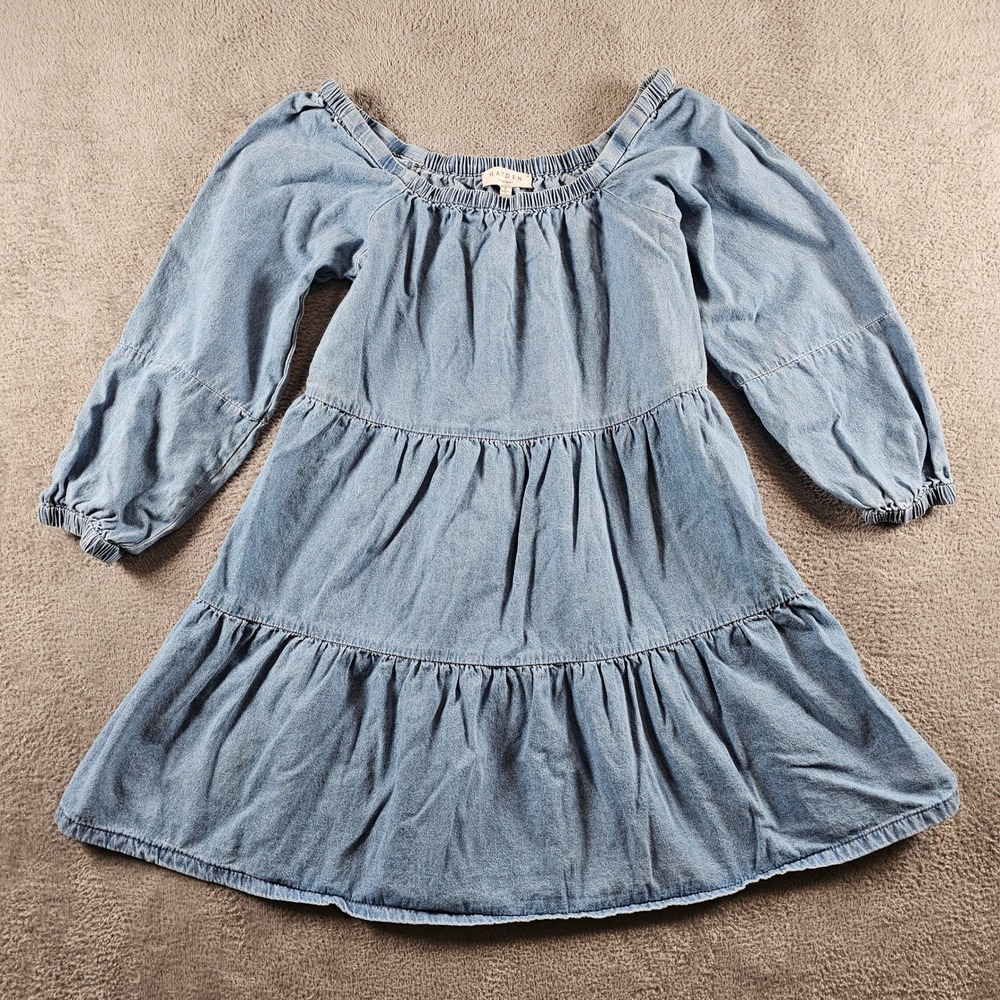 Hayden Los Angeles Blue Chambray Tiered Mini Dress Off Shoulder HY1218 Small